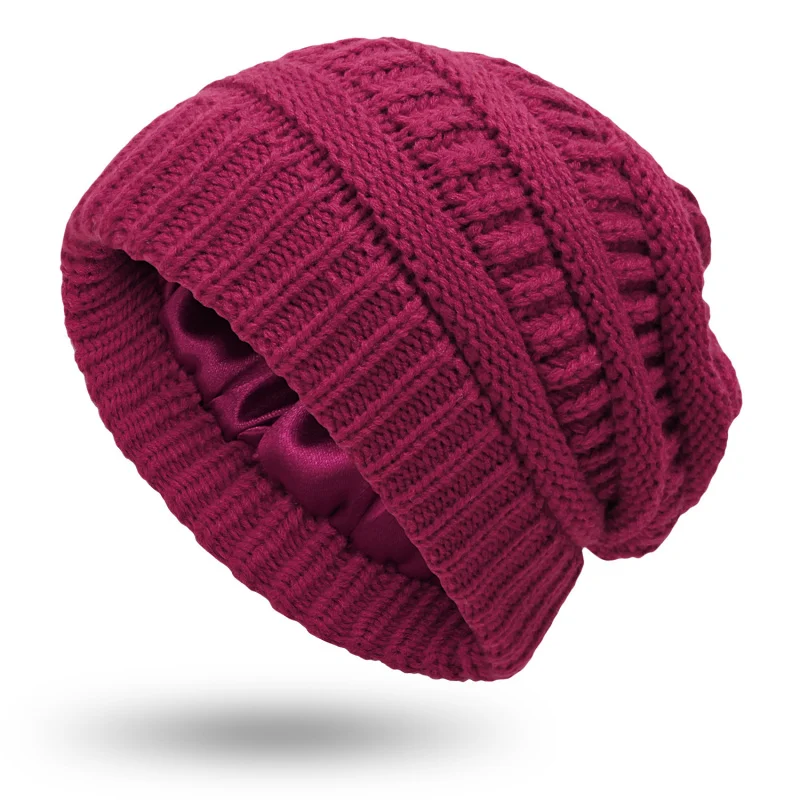 

2 PCs winter beanie hat for women satin Cind cable knit chunky slouchy beanies skull warm cap