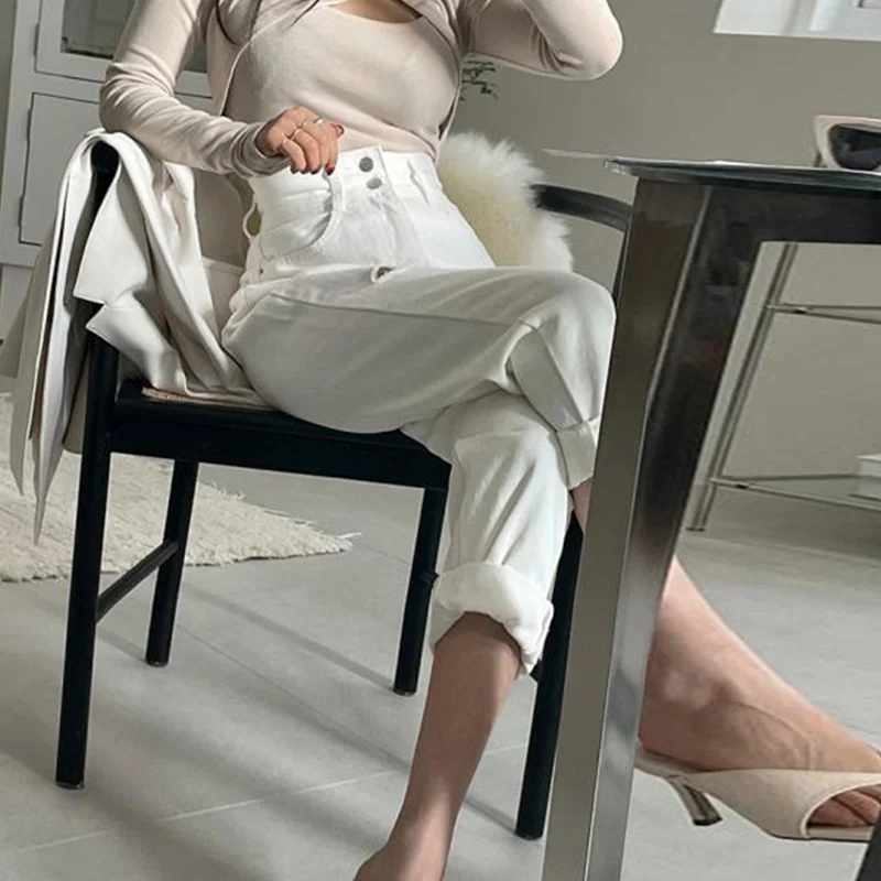 High Waist Wide Leg White Jeans Women's Chic Autumn Faion Slimming Two Button Hole Ripped Frayed Denim Pants for Young Women