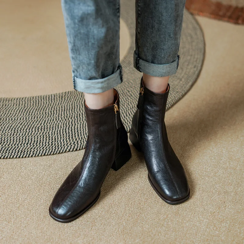 Woman Ankle Boots Sheepskin Shoes French Style Winter Boots Side Zip Autumn Spring Basic Botas Real Leather Elegant Shoes