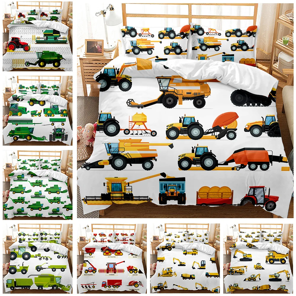 

Full - Sized Boys Cartoon Car Bedding Set. Features Construction Vehicles & Cartoon Machinery Trucks. Ideal for Kids