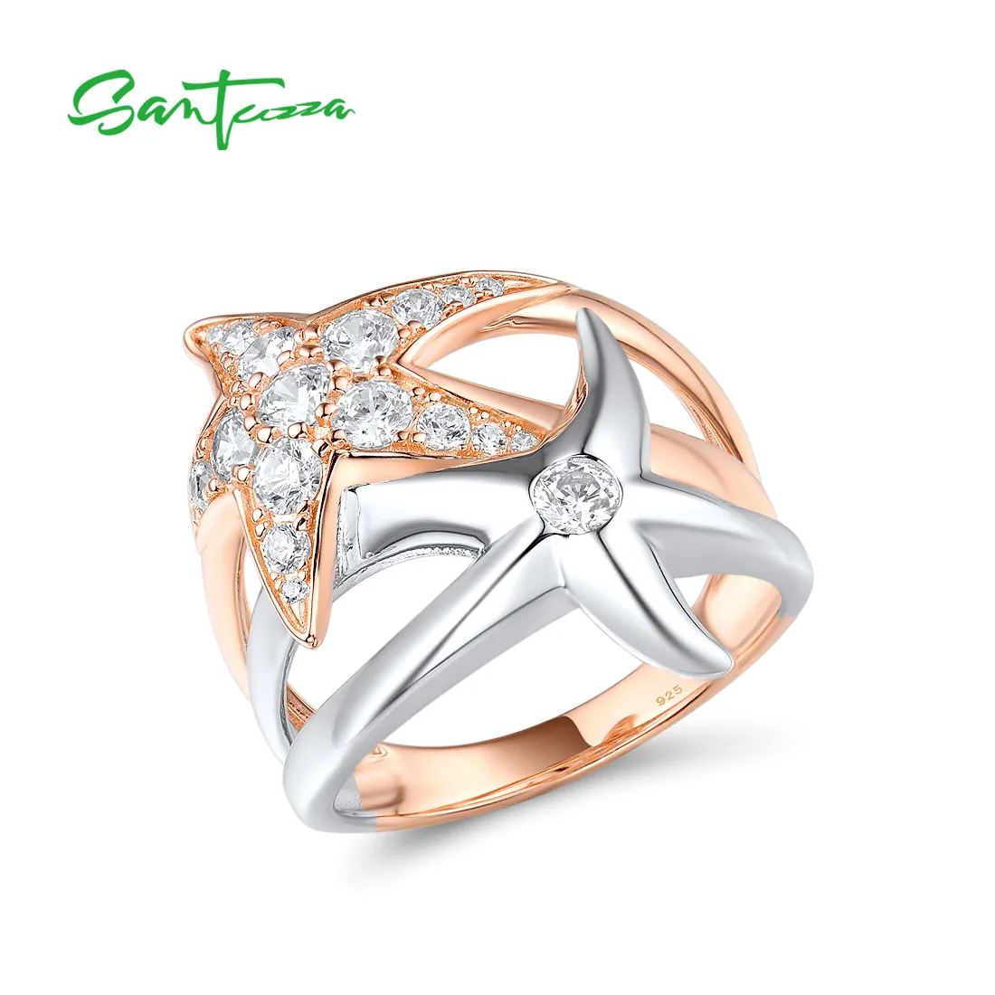 SANTUZZA Pure 925 Silver Rings For Women Sterling Silver White CZ Rose Gold Plated Twinkle Star Geometric Elegant Fine Jewelry