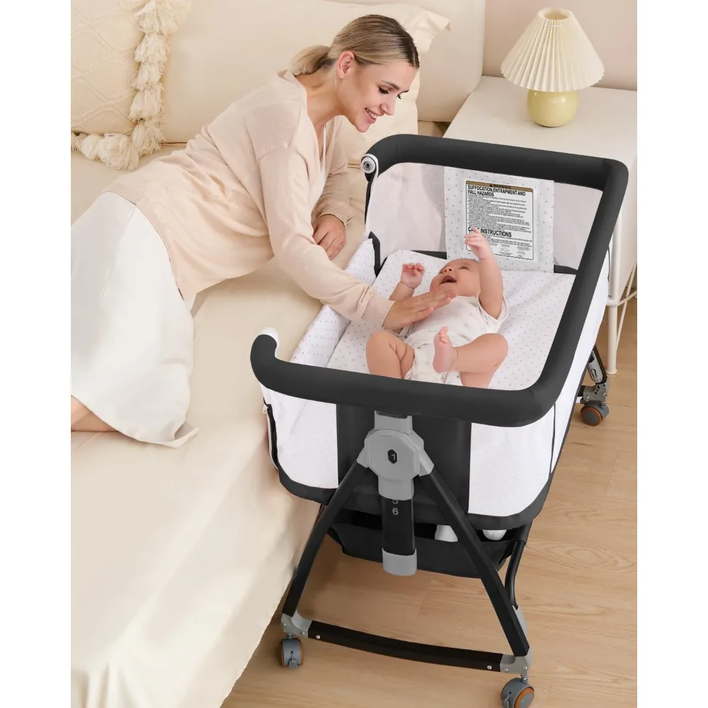 

3 in 1 Baby Bassine Crib with Breathable Mesh, Bassinet Bedside Sleeper with Wheels, Mosquito Net, Storage Basket, 6 Height Adju