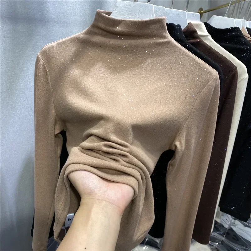 Mulheres manga longa gola alta básica topos feminino outono roupas 2025 outono pullovers camisola coreano inverno nova blusa quente brilhante