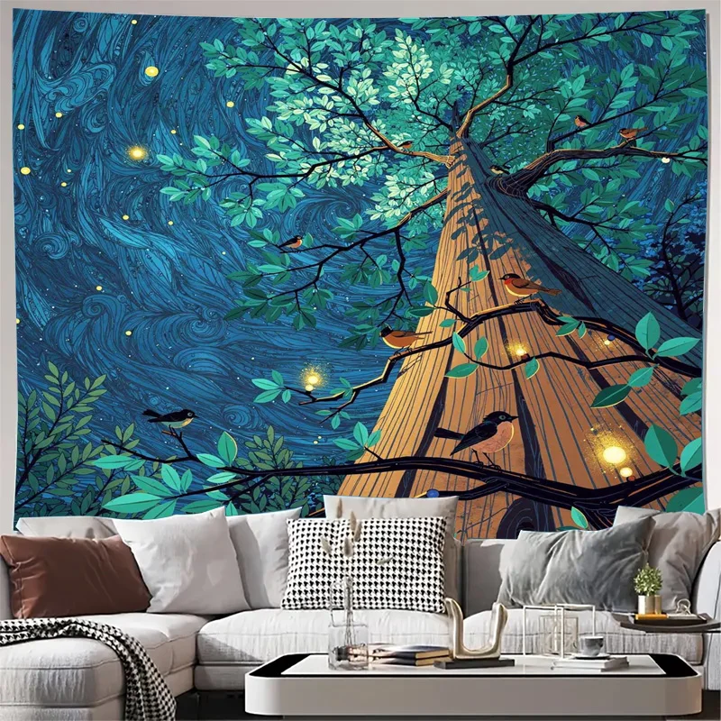 Enchanted Forest Tapestry Wall Hanging Blue Night Sky Magical Tree of Life Cosmic Galaxy Decor for Bedroom Living Room