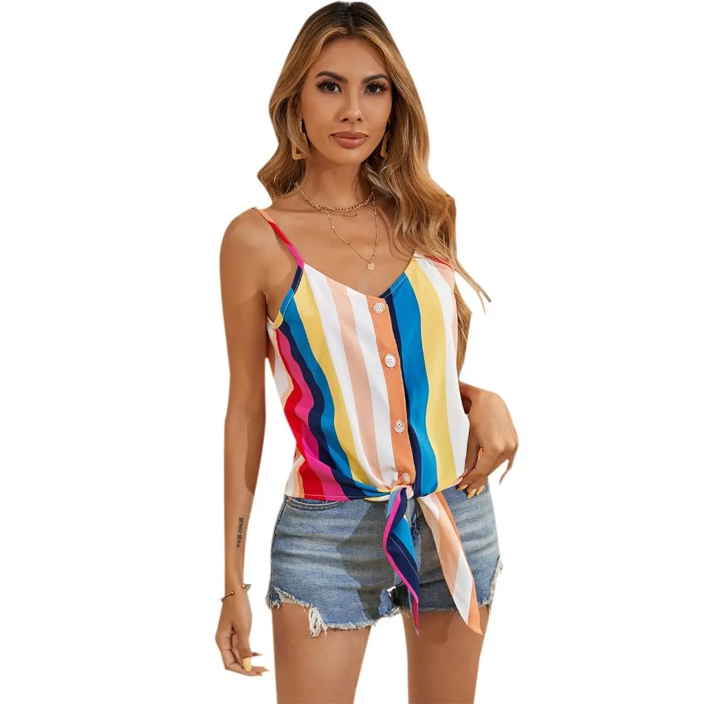 

European And American Style Chiffon Camisole Women's Sleeveless V-Neck Striped Top in Stock