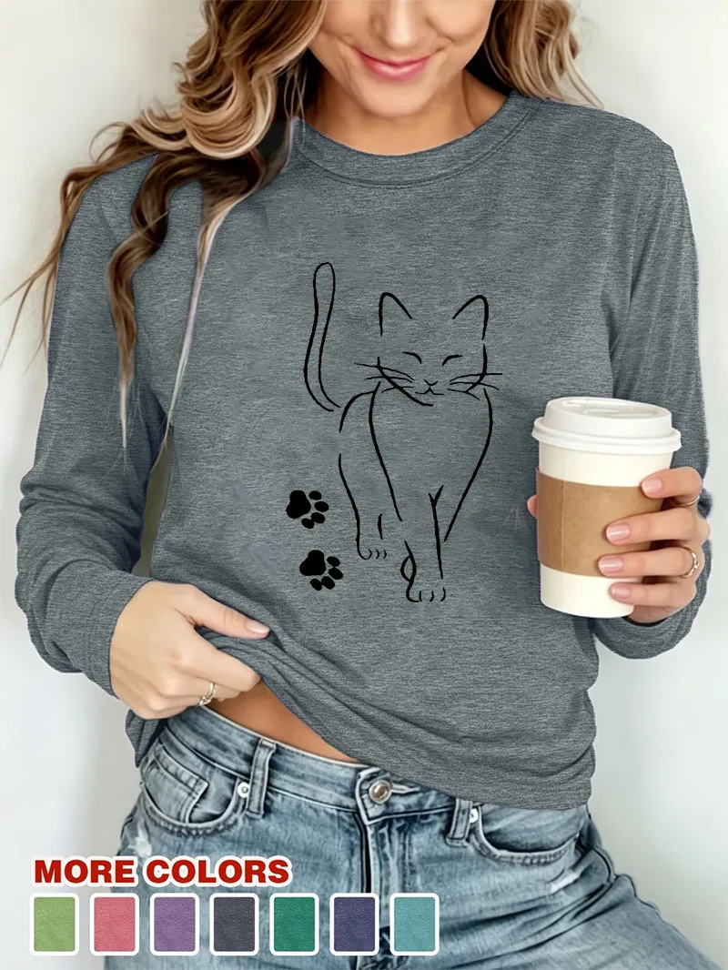Fashion Women Long Sleeve T-shirt Kawaii Cat Paw Print Casual Winter Autumn Graphic Elegant Comfortable Casual T Shirt Woman