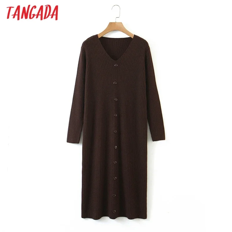 Tangada 2022 Fashion Women Solid Elegant Sweater Dress Loose Long Sleeve V Neck Ladies Warm Midi Dress QB234