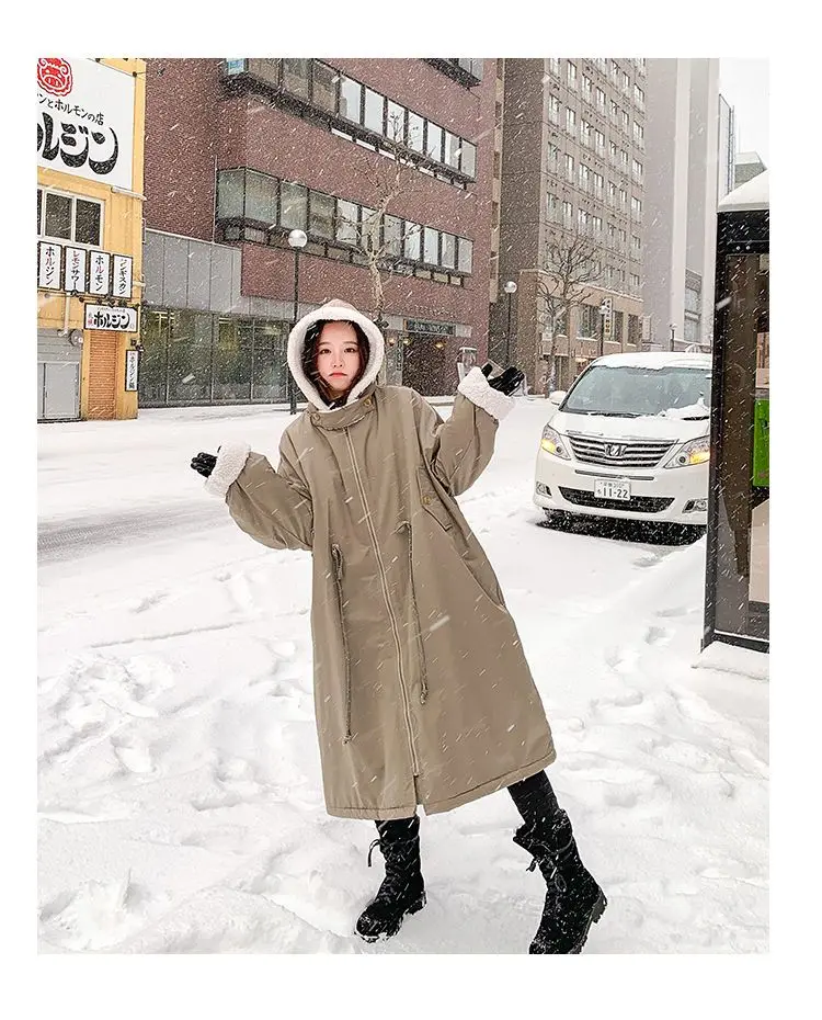 Lamb wool Cotton Jacket Women's Korea Loose 2026 New Winter Plus velvet Snow Parkas Warm Hooded Coat Casual Female Long Overcoat