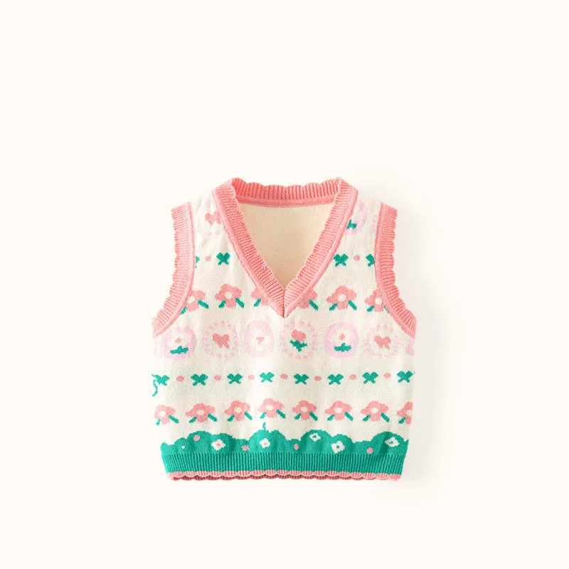 

0-5 Year Ins Autumn Toddler Girls Vest Knitted Floral Jacquard Baby Girls Knitwear Cotton Lace V Collar Little Girl Waistwear