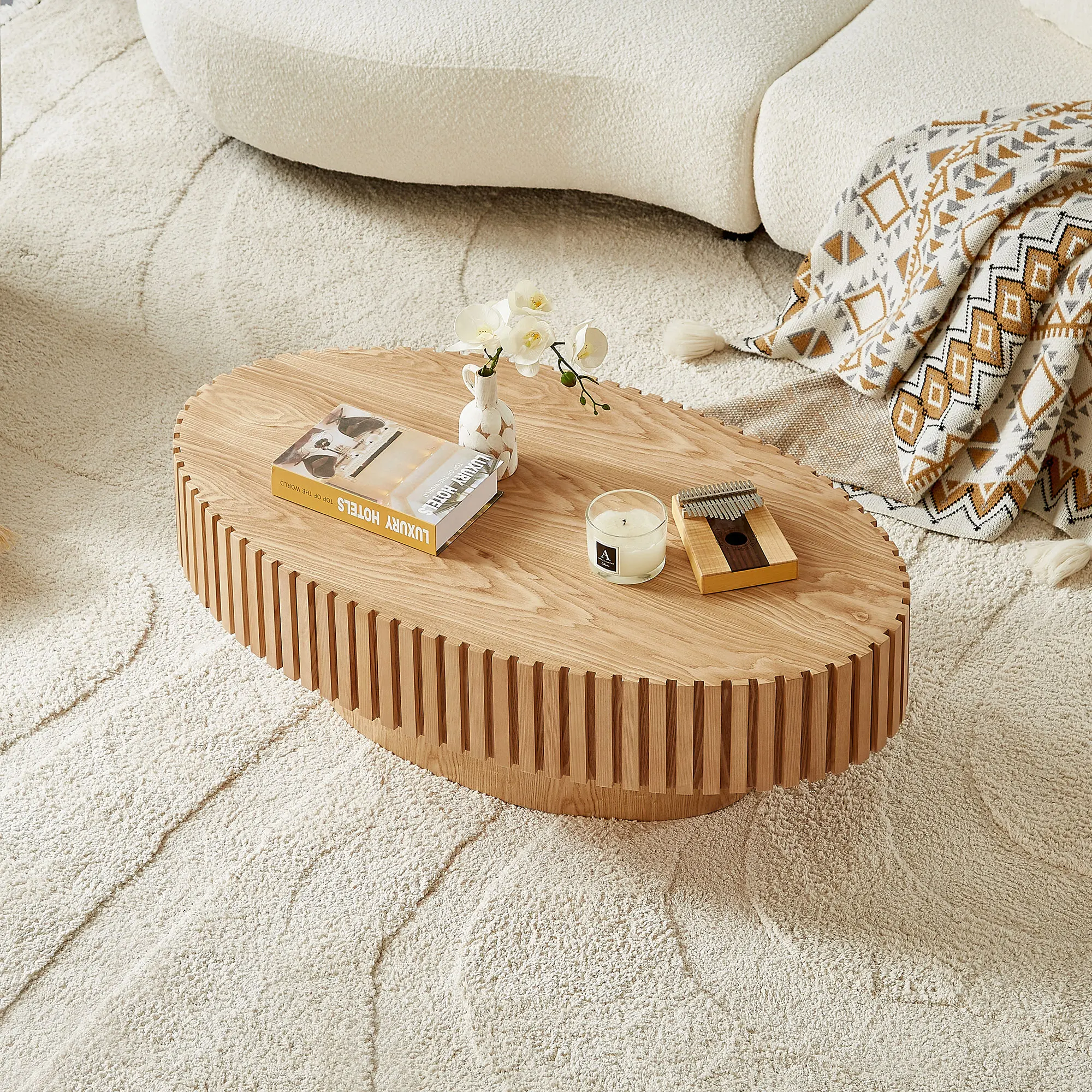 Modern Handcraft Drum Coffee Table Length Ellipse Coffee Table for Living Room Oval Small Coffee Table with Sturdy Pedestal