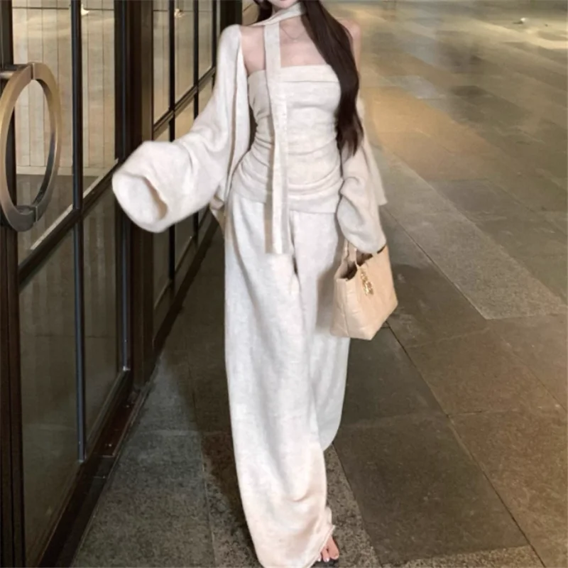 

Женские осенне-зимние трикотажные костюмы из трех предметов, жилет с разрезом на шее, топ, длинный кардиган и широкие брюки, комплекты серого, бежевого цвета хаки, повседневный трикотаж