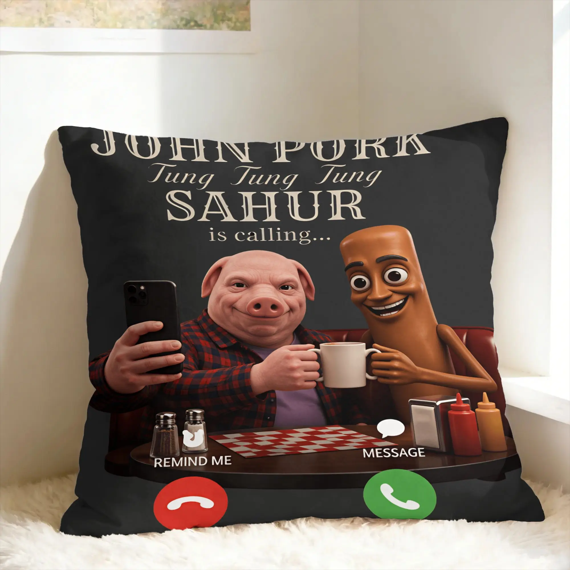 John Pork Tung Sahur calling Brainrot Meme Pillow Case  Soft Pillow Cover For Sofa Couch Bed Living Room Kawaii Cushion Cover