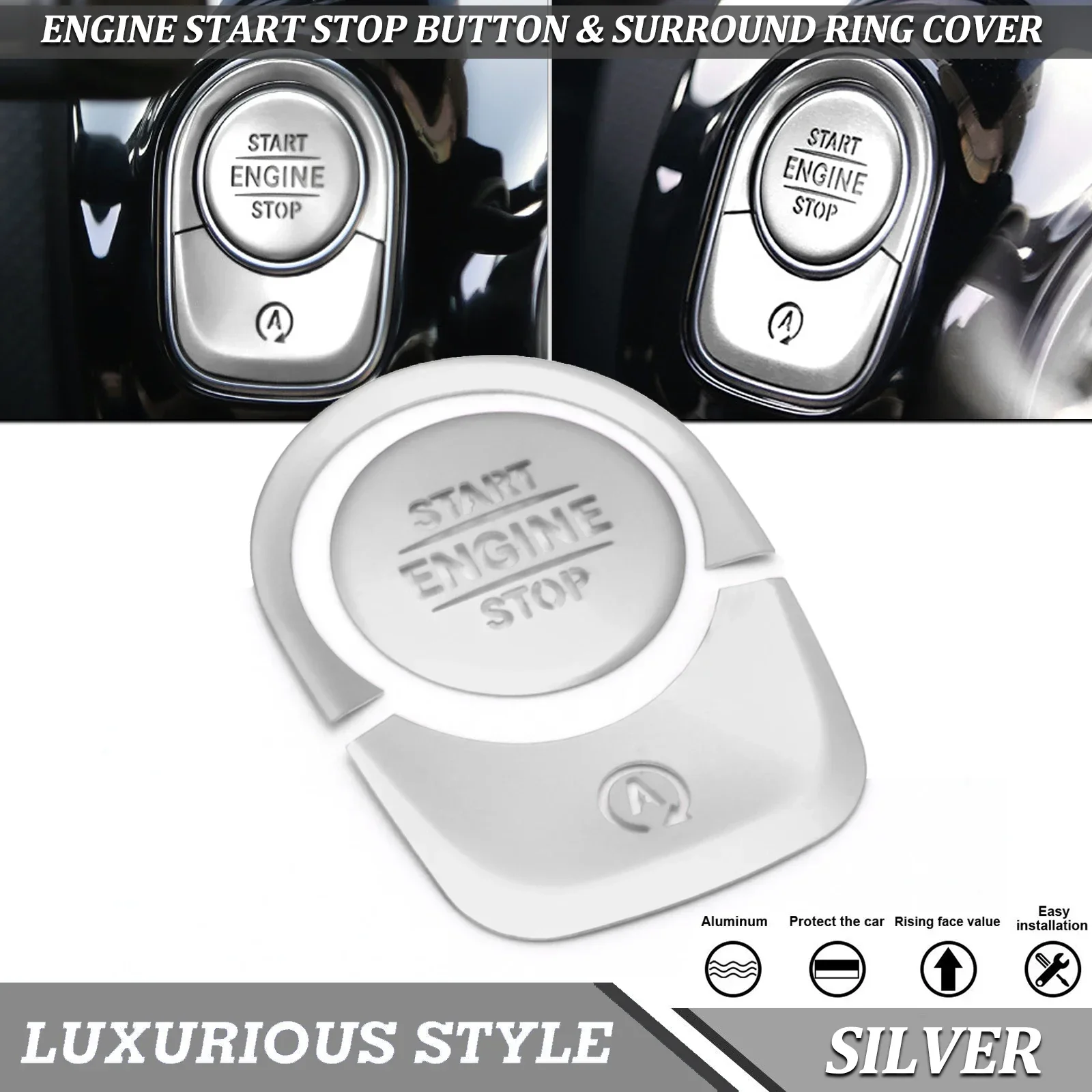 Silver Start Engine Stop Button Cap On/Off Cover Frame Surround Ring For Mercedes-Benz  A-Class 2018-up / CLA-Class 2019-up