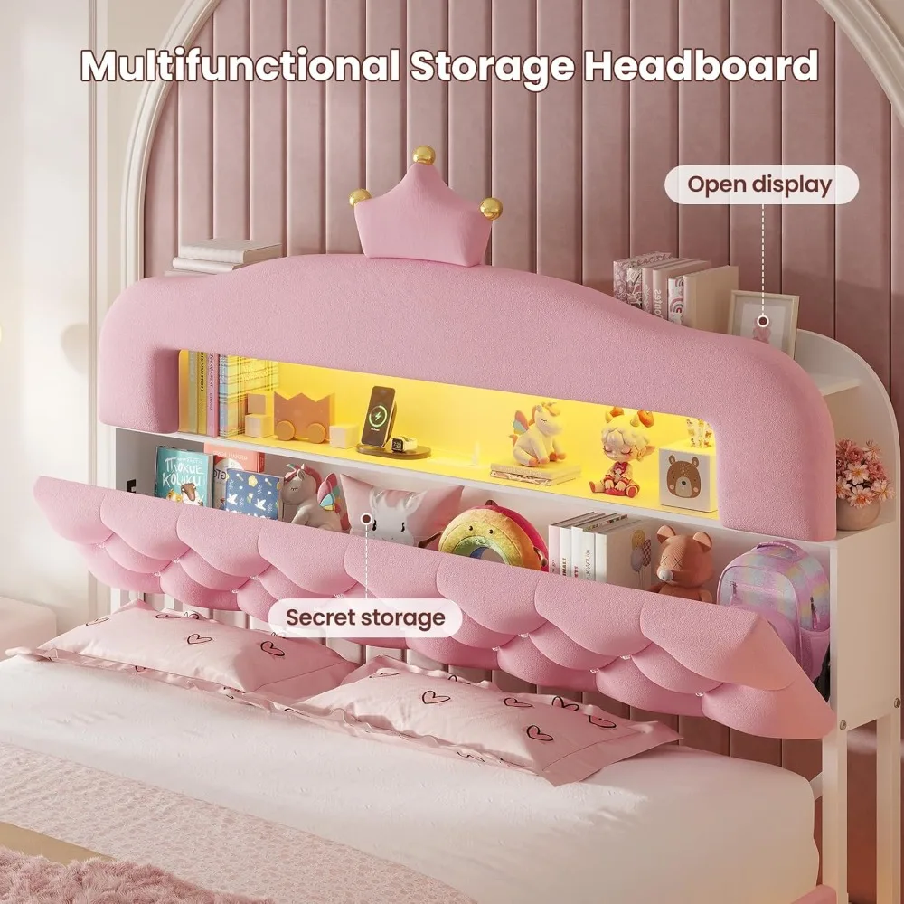 إطار سرير LED منجد بالكامل من ADORNEVE مع 4 أدراج تخزين وخزانة كتب للتخزين بطبقتين، سرير بمنصة الأميرة المخملية للأطفال/ #3