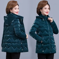 Middle Aged Mother Winter Jacket Fashion Glossy Down Cotton Parkas NEW Thicken Warm Hooded Puffer Coat Women Padded Outwear 5XL