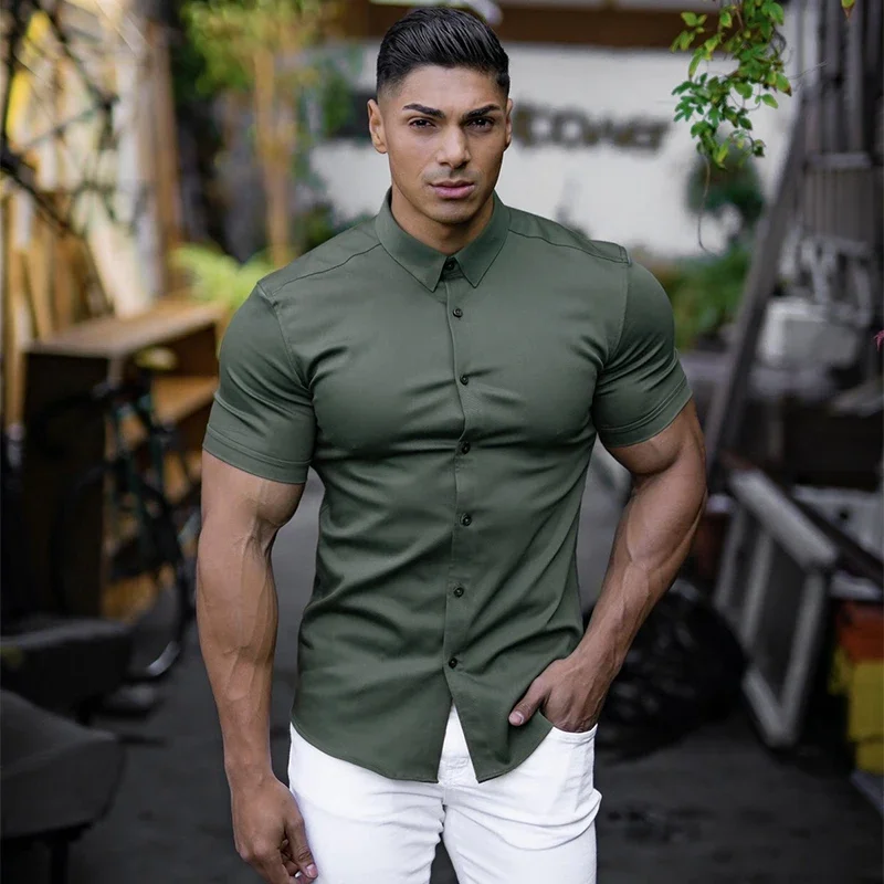 

Men's Clothing Summer Gym Fitness Button Short Sleeve Shirts Men Fashion Casual Streetwear Dress Shirt Male Hipster Social Shirt