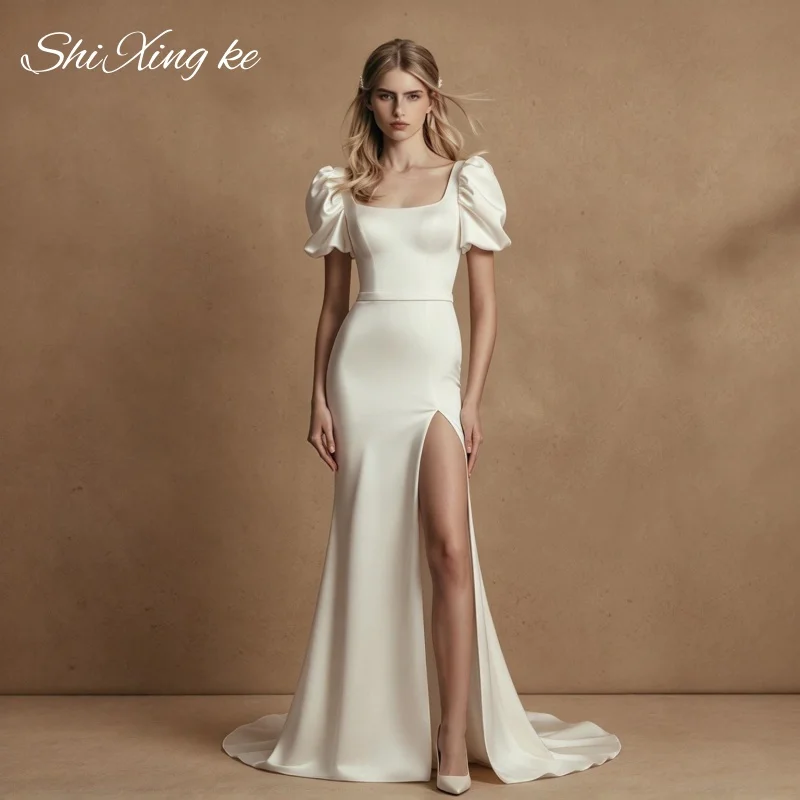 Bridal Gown 2026 Satin Mermaid Square Neck Draped Detail Puff Sleeve Vestidos De Novia Customized