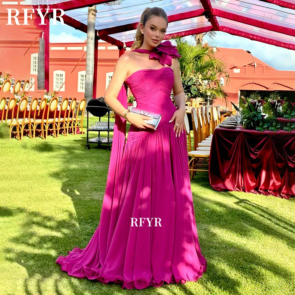 

RFYR Fuchsia Party Dress with Scarf Evening Dress with Pleats Chiffon Prom Dress for Women فستان سهرة Customized