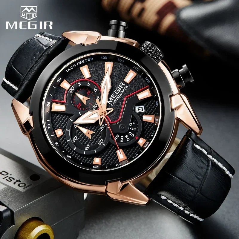 2024 New MEGIR Men's Fashion Sports Quartz Watch Men Leather with Chronograph Mens Watches Military Waterproof Sport Wrist Watch