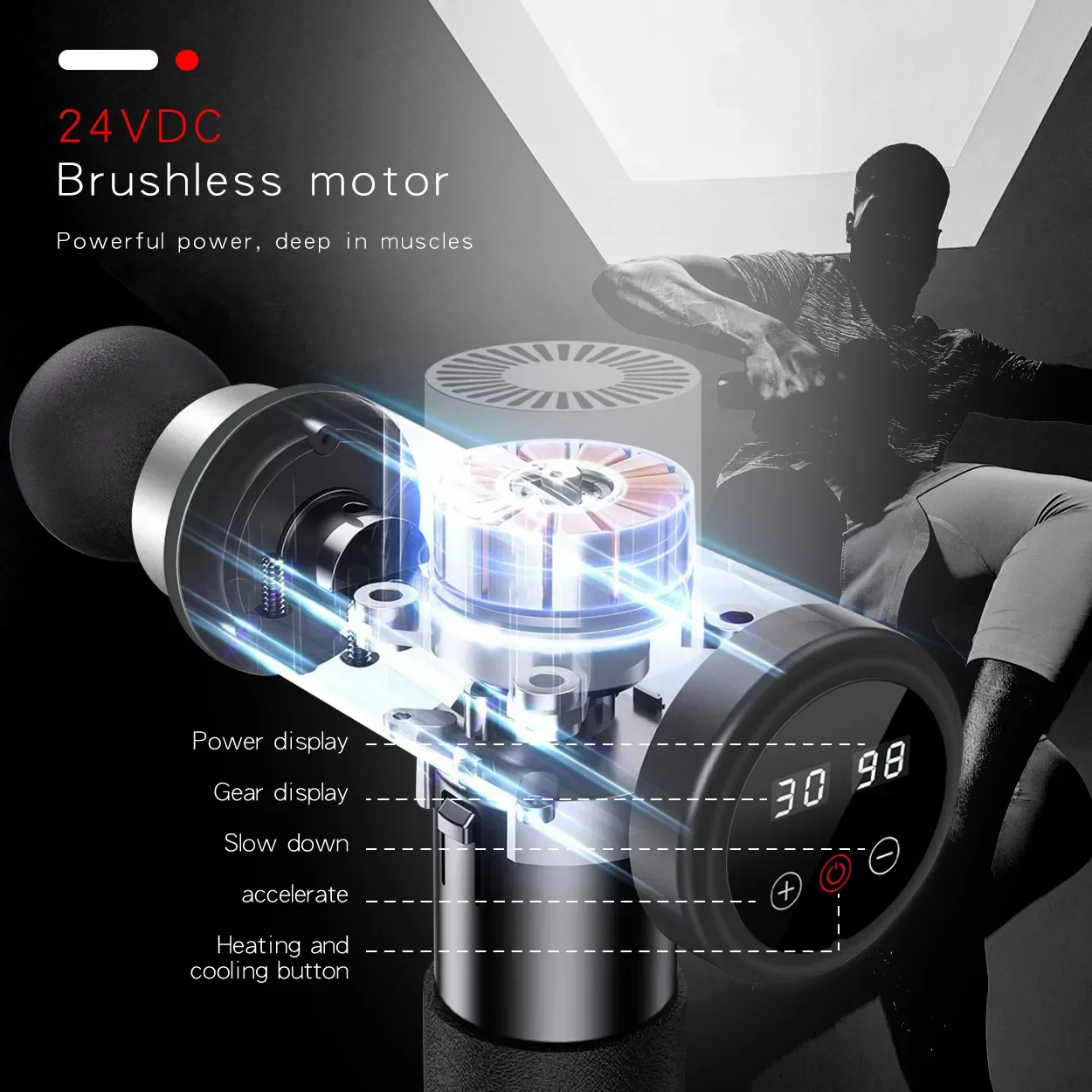 Pistola per massaggio caldo e freddo con motore brushless DC 24V per il rilassamento muscolare, sollievo dal dolore, potente pistola per fascia riscaldante
