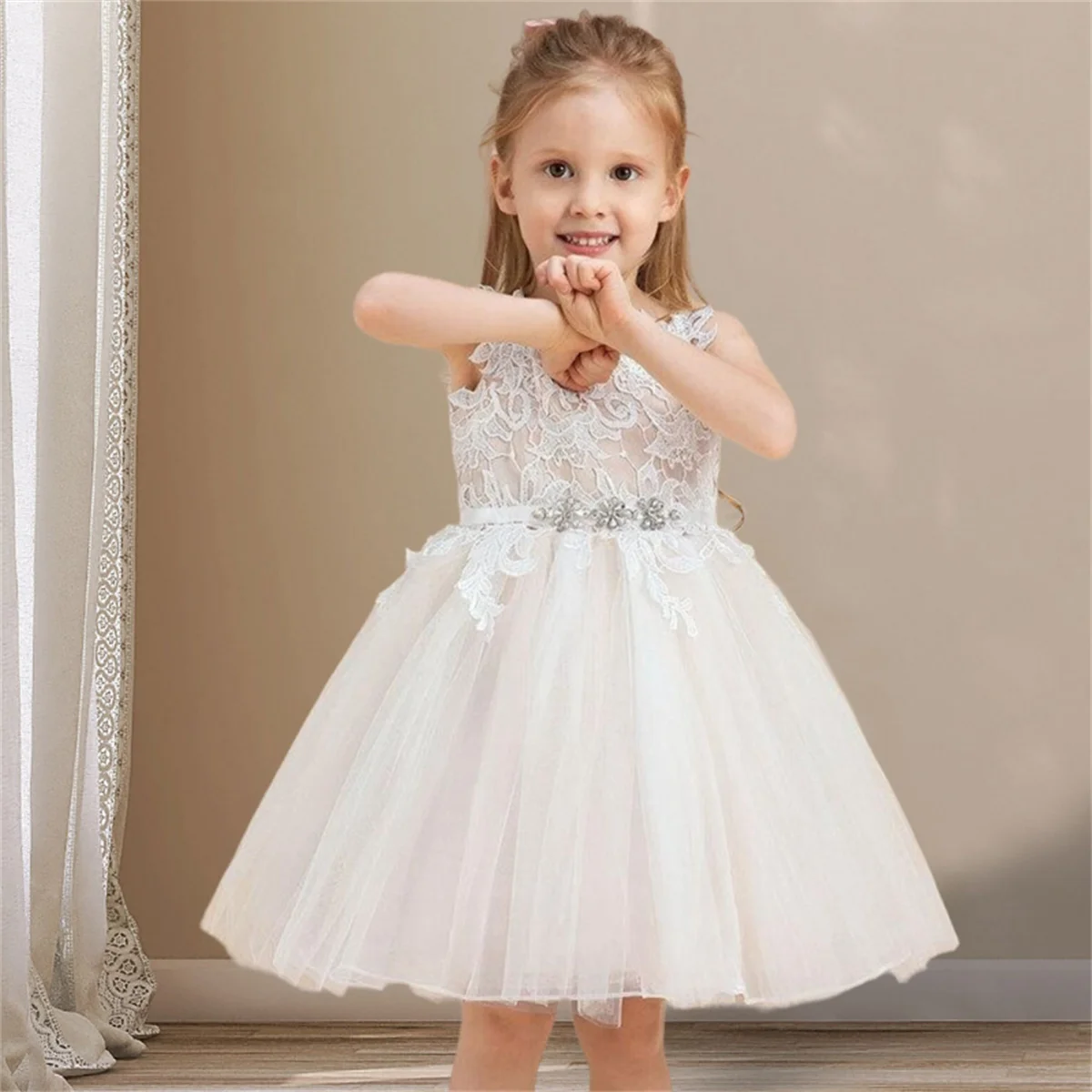 Flower Girl Dress Fluffy Tulle Skirt Lace Applique Wedding Simple Flower Child's First Eucharist Birthday Party Dress Girl Gift