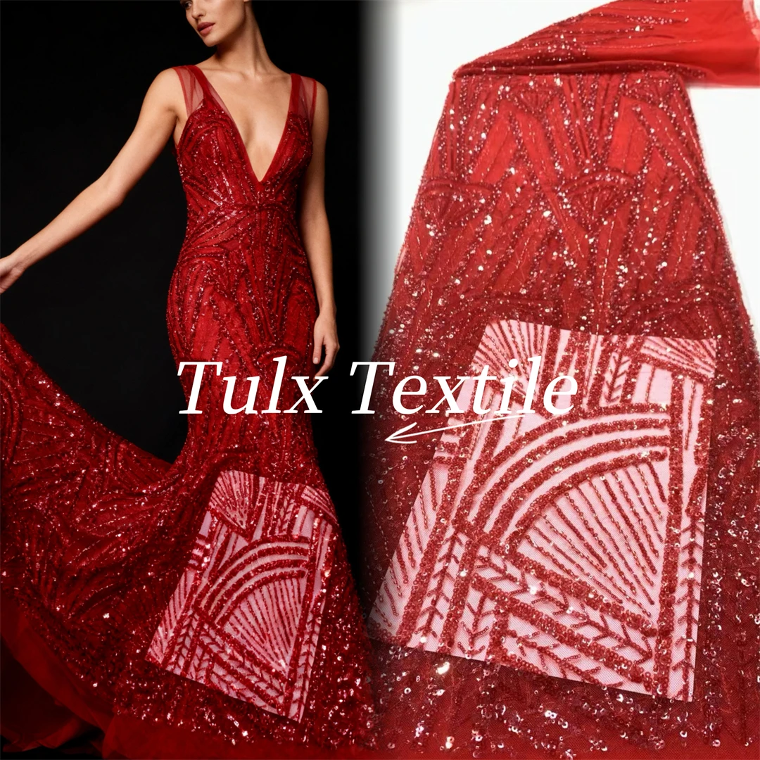 

Высокое качество, красный африканский тюль с блестками, вышитая кружевная ткань для жениха, кружевная ткань с блестками и бисером для нигерийского свадебного платья