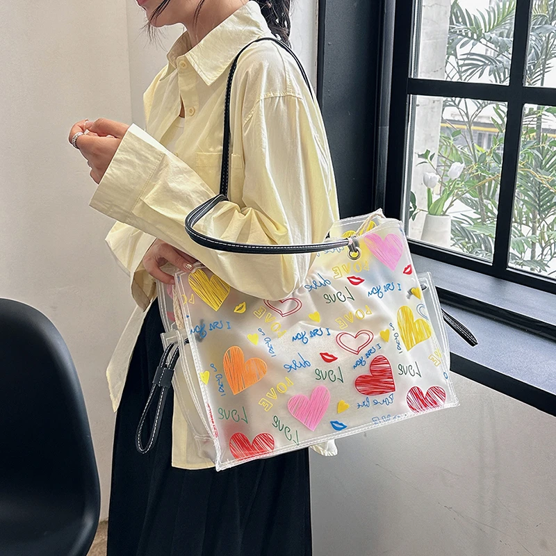 2-IN-1 Shoulder Bag Sets For Women 2023 Summer Beach Tote Bag PVC Transparent Jelly Handbags Female Large Capacity Shopper Totes