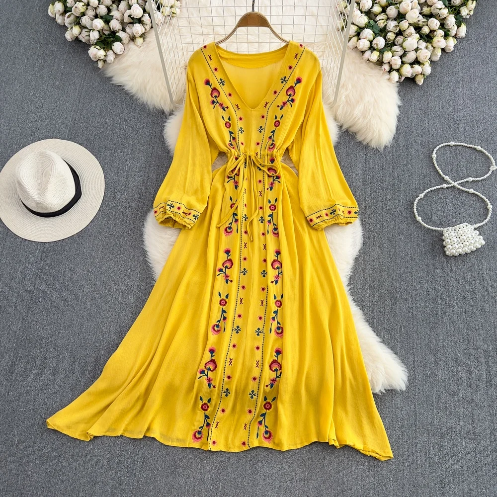 Vestido Longo E Estilo Coreano com Decote em V, Bordado, Cintura Ajustável, Manga Longa, Estilo Boho Praia, Primavera