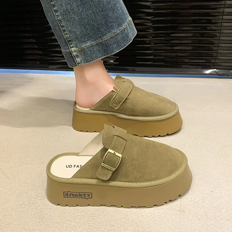 Cover Toe House Slippers Platform Shoes Slipers Women Slides Low 2024 Soft Rubber Rome Hoof Heels PU Retro Casual Fabric