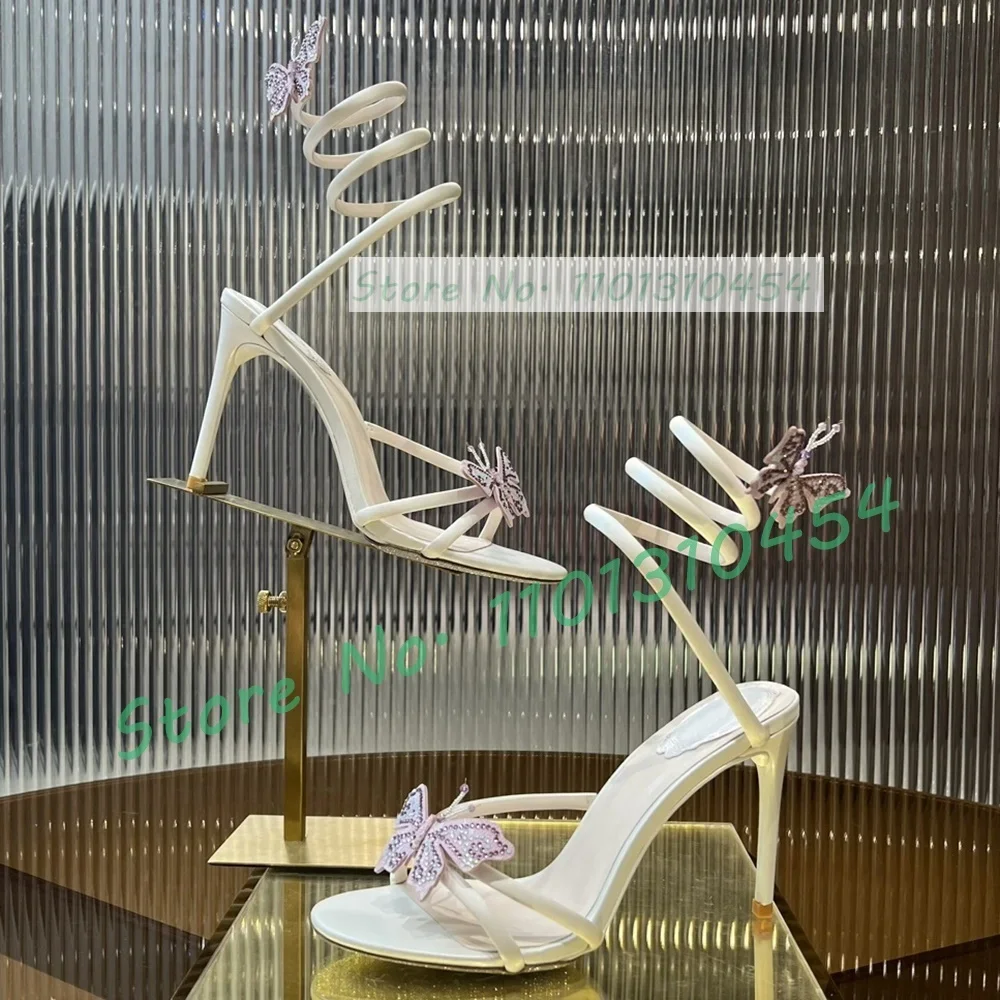 Yellow Butterfly Snake Wrap Sandals Women Gorgeous Trendy Open Toe Crystal Stiletto High Heels Sandals Luxury Cow Leather Shoes