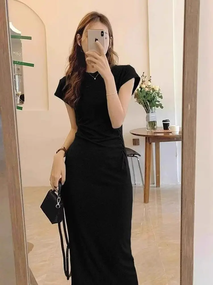 Ele – t-shirt plissé et cintré à la taille pour femmes, Design d'été, sensuel, amincissant, jupe longue en coton