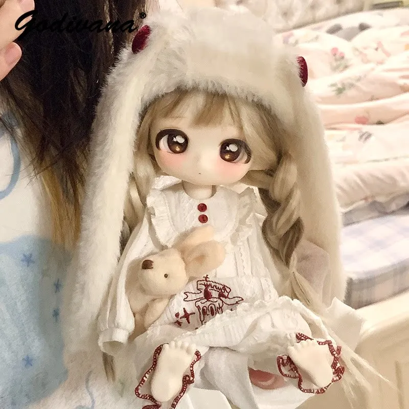 1/6 BJD Doll Loungewear Sweet and Cute Ruffle Trim Rabbit Embroidery Long Sleeves Pajamas and Pants Set with Plush Furry Ear Hat