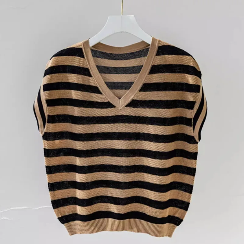 Fashionable Striped V-neck Sweaters 2024 Summer New Women's Loose Fitting Comfortable Short Sleeve Knitted Pullovers Vest Tops