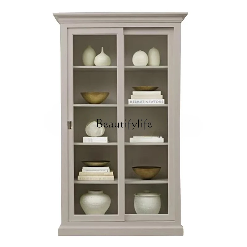 

American rural solid wood bookcase sliding door glass bookcase file side cabinet can be customized furniture