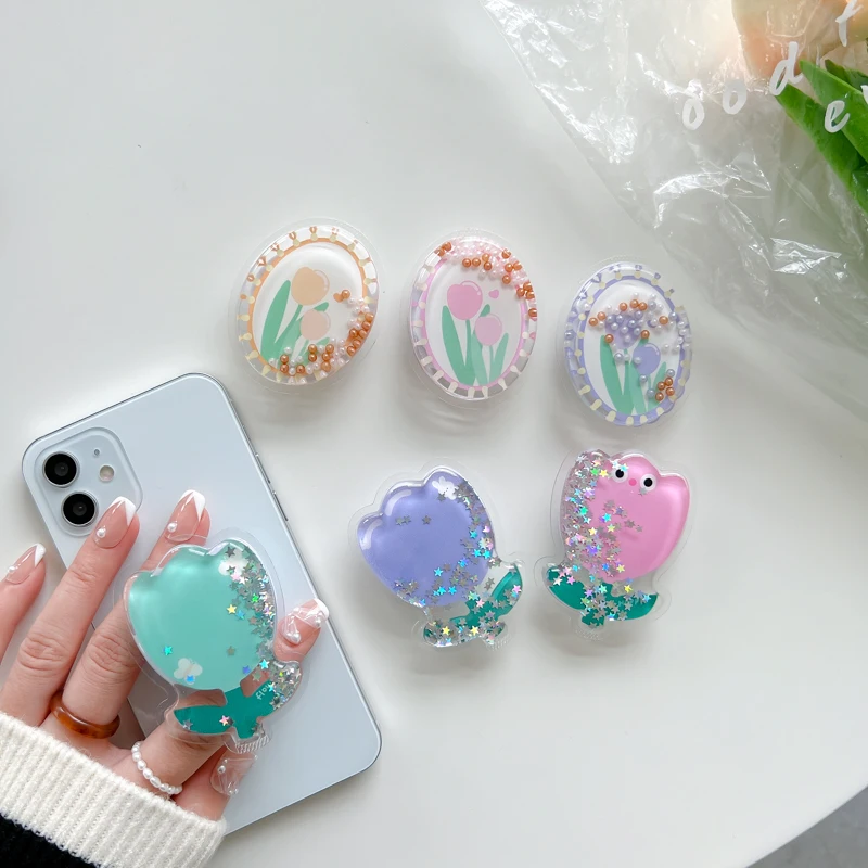 Tulip Flowers Liquid Quicksand Phone Stand Holder For iPhone Samsung Huawei Xiaomi Universal Finger Griptop Bracket