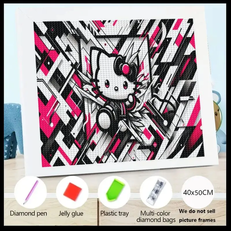 

1PC Hello Kitty Cyberpunk 5D Diamond Painting Full Drill Kit, Modern Geometric Pink & Black Aesthetic Diamond Art Set, DIY Cryst