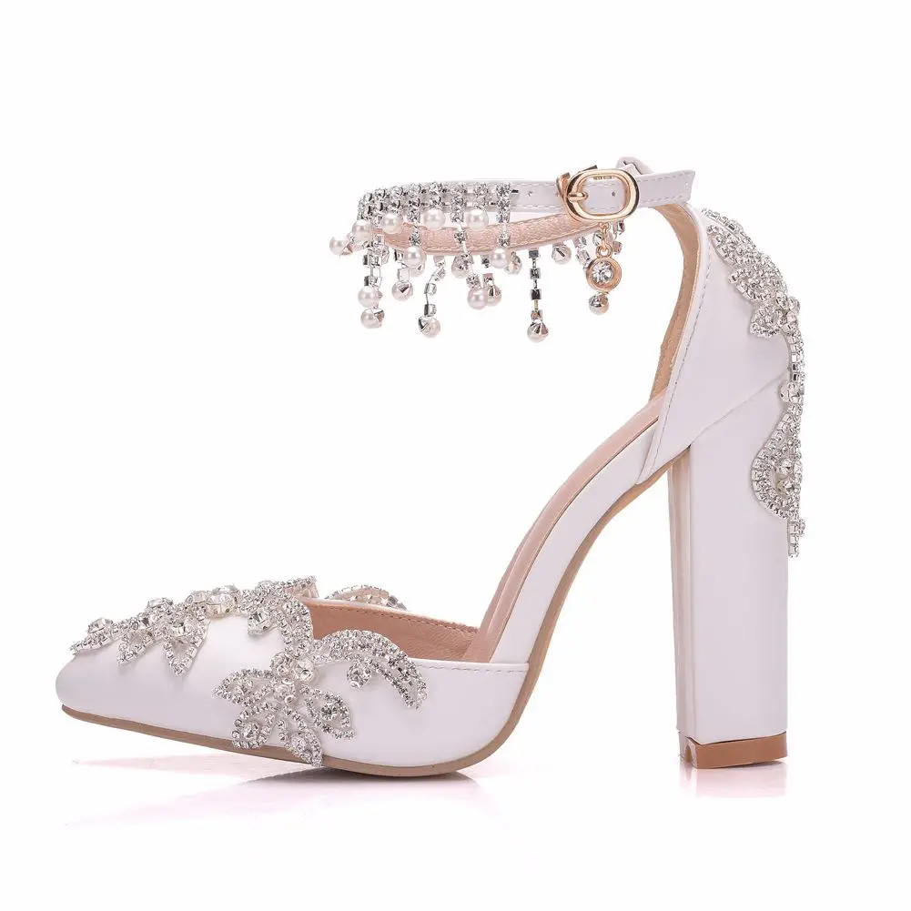 Style High Heels Sexy Women Pumps Sandals Open Toe Rhinestone Wedding PU 10.5CM Square Heels Pointed Toe Woman Shoe  Princess image 6