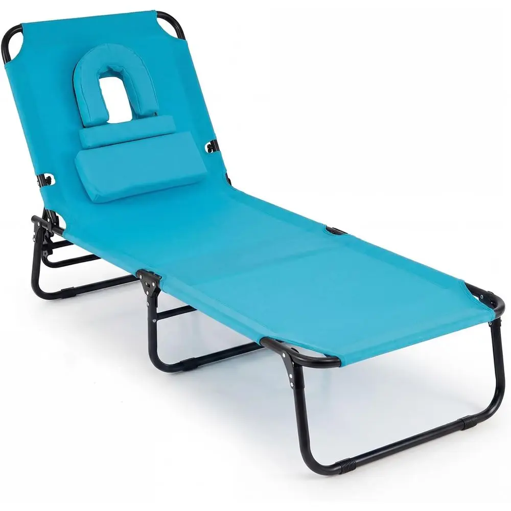 

Portable Adjustable Beach Lounge Chair with Hole, Pillows, and Carrying Bag, Ideal for Seaside Relaxation