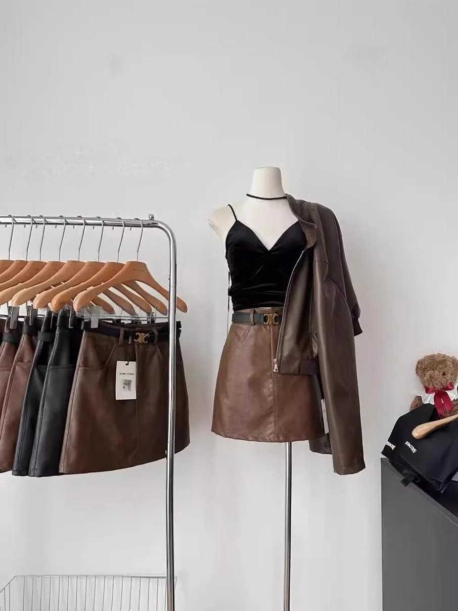 

Американская юбка из искусственной кожи с высокой талией, А-силуэт, для полных женщин, коричневая, весна-осень, новая, тонкая, стройнящая юбка