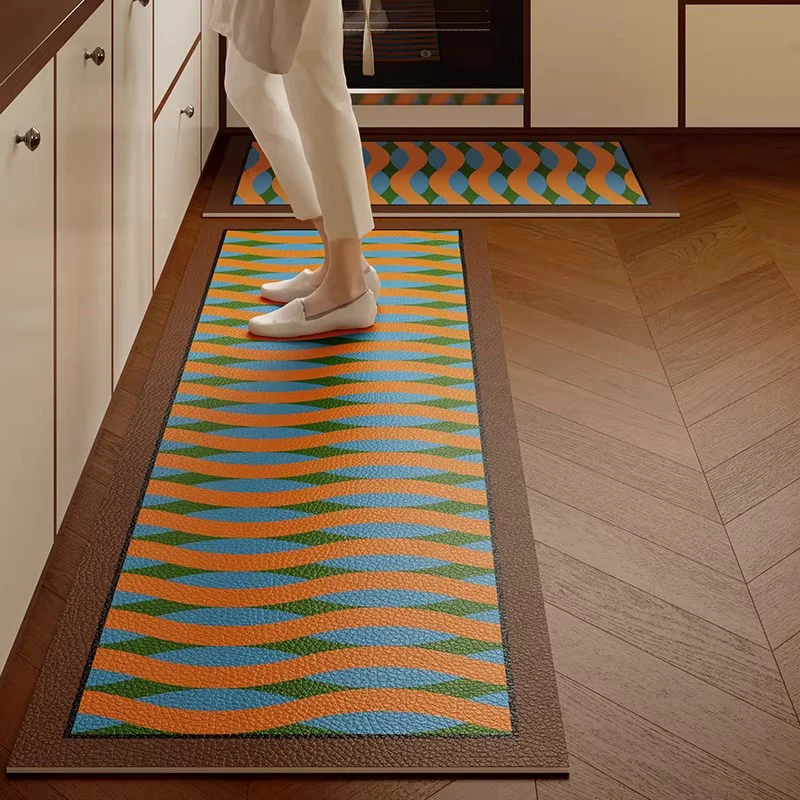 Mid-century Modern Style Kitchen Carpet Long Strip Kitchen Rugs Oil-proof Waterproof Impermeable PVC Leather Washable Floor Mats