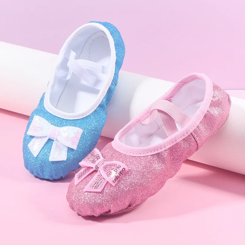 Shiny Pink Blue Bowknot Kids Shoes for Girl Geritide Dance Flat Dancing Shoe with Sequins for Girls