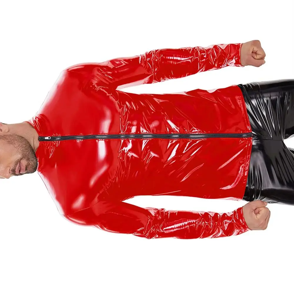 

Mens S-7XL Long Sleeve T-Shirt Faux Leather Tshirt Shiny Patent Leather Jackets Tights Coats Sexy Cosplay Stage Performance Tops