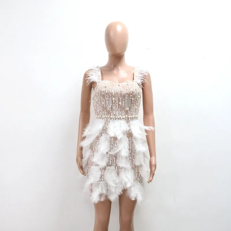 ผู้หญิงSequined Pearl Featherสายคล้องBodycon Midi Dress 2025 ฤดูร้อนเซ็กซี่ชุดราตรีVestidos