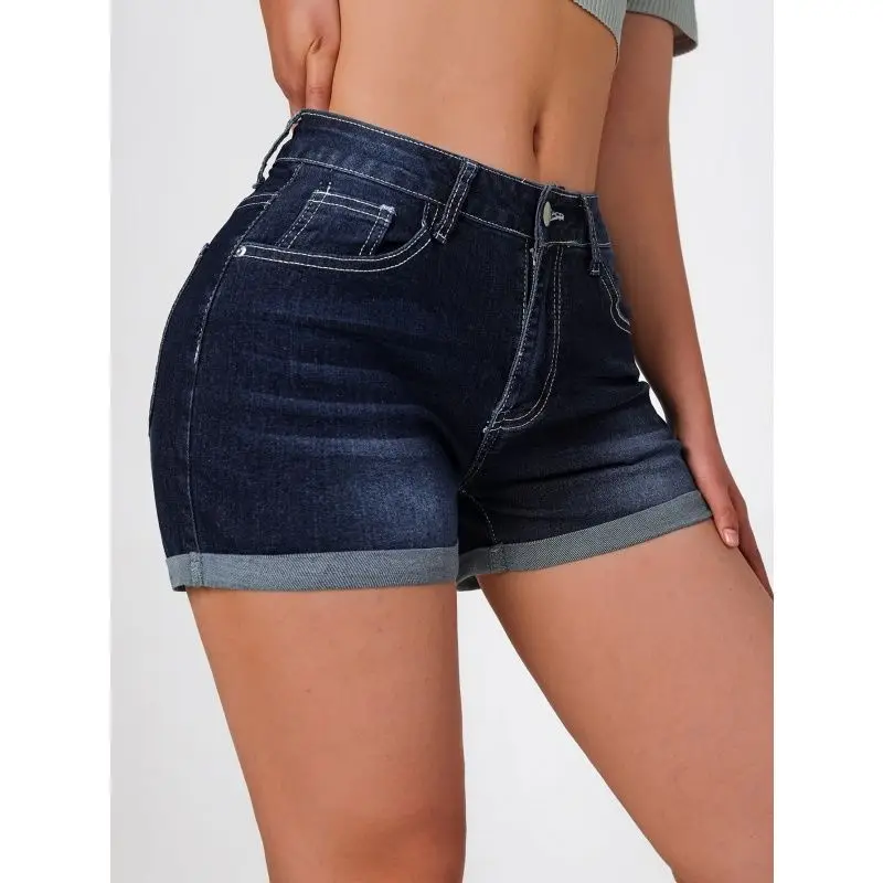 Women's Summer Denim Shorts American Deep Blue Elastic Slim Fit Fashionable Versatile Casual Retro Denim Shorts view 4