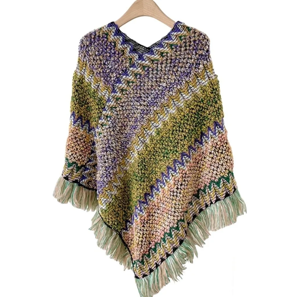 

Вязаная вязаная шаль в этническом стиле, теплая большая шаль, верхняя одежда, шарфы в богемном стиле, осенне-зимняя накидка с кисточками