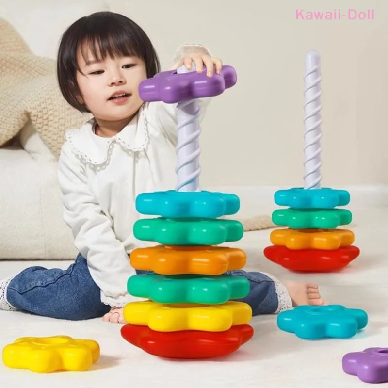 [DO] 1 Conjunto de Brinquedos de Empilhamento Giratório para Bebês, Quebra-Cabeça Montessori, Torre Arco-Íris Rotativa, Jogo para Desenvolvimento de Habilidades Motoras para Crianças, Presente Infantil [DO]