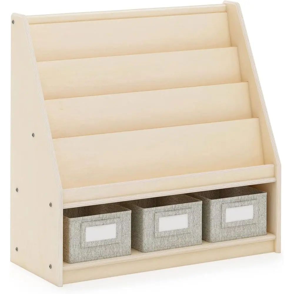 

Multi-pose Wooden Bookcases and Toy Organizer with 3 Fabric Storage Bins: Ideal for Homeschool and Classroom
