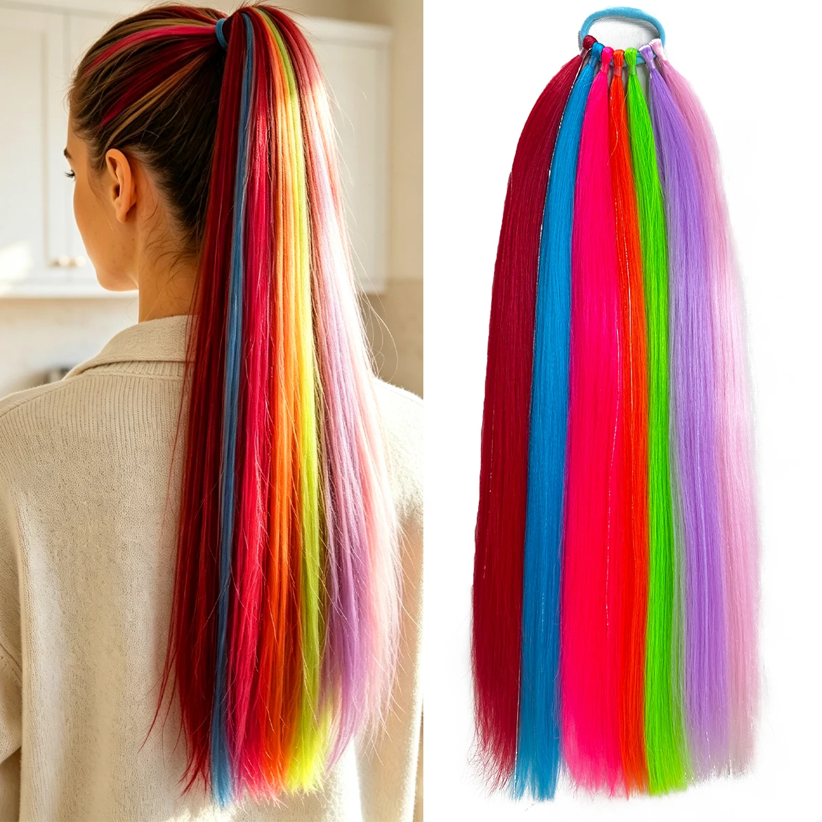 Rainbow Synthetic Ponytail Hair Extensions With Elastic Rubber Band 16“20” Long Colorful Braiding Hair For Women Girls Festival