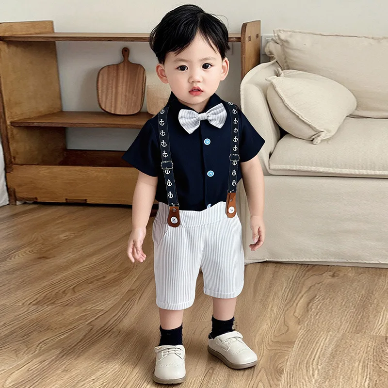 

2026 New Summer Boys Formal Suit Short Sleeve Shirt Suspender Pants 2 Piece Set Gentleman Wedding Birthday Party Outfit