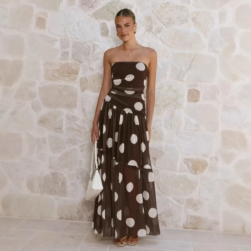 

Новое летнее модное женское элегантное длинное платье в горошек без бретелек для отпуска, с открытыми плечами и сетчатыми вставками, коллекция 2026 года
